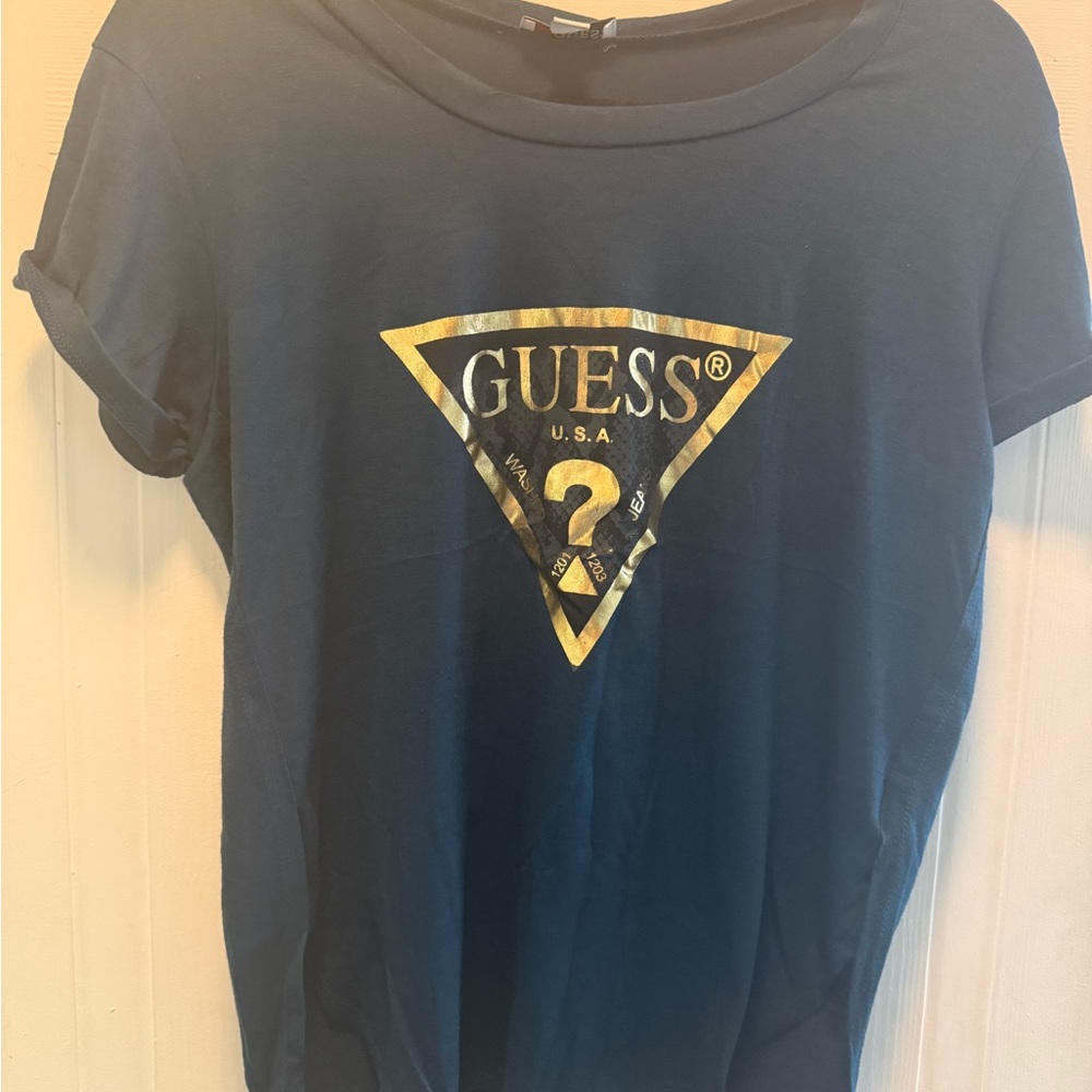 GUESS Women's Dark Blue Tee with Gold Emblem
